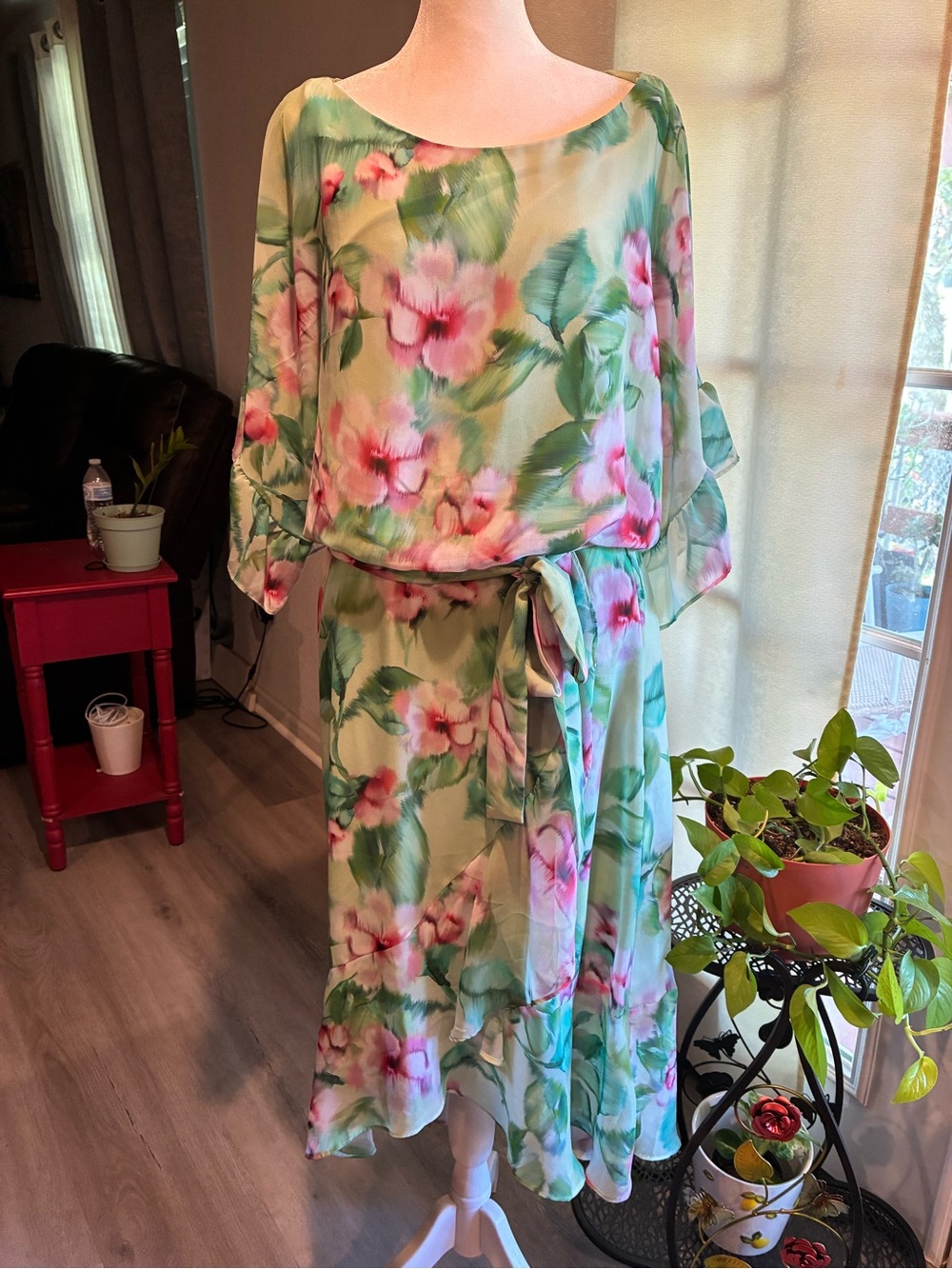 Jessica Howard Mint Green Floral High-Low Dress with Pink Blossoms